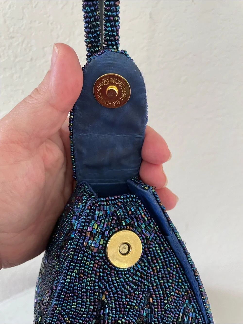 Vintage Hand Beaded Navy Peacock Iridescent Evening Bag Wristlet La Regale Style
